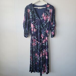 Eliza J dress Women's size 20W Blue Floral Print Belted Midi Wrap Front